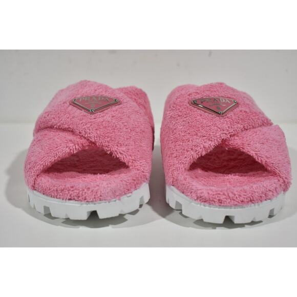 Prada Terry Pink Triangle Logo Criss Cross Strap Slide Sandal Flip Flop 40.5 - Picture 5 of 12